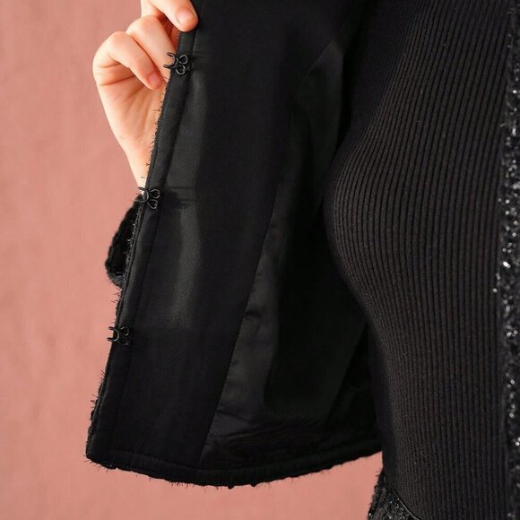 Black Party Women's Romantic Elegant Sequin Cropped Sparkling Tweed Jacket - Picture 3 of 9